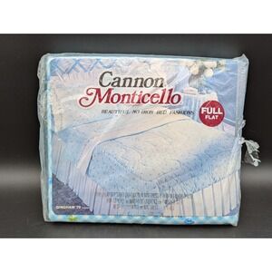 NOS VTG Cannon Monticello No-Iron Full Size Flat Sheet Blue Gingham '79 Floral